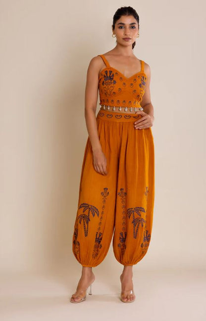 Boho Mustard Orange Cotton Co-ord Set - Embroidered Crop Top & Harem Balloon Pants with Shell Belt, Blue Tribal Print & Smocked Waist | Women's Festival, Resort & Vacation Two-Piece Outfit