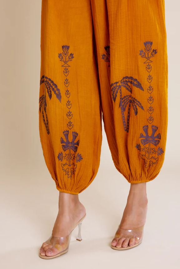 Boho Mustard Orange Cotton Co-ord Set - Embroidered Crop Top & Harem Balloon Pants with Shell Belt, Blue Tribal Print & Smocked Waist | Women's Festival, Resort & Vacation Two-Piece Outfit