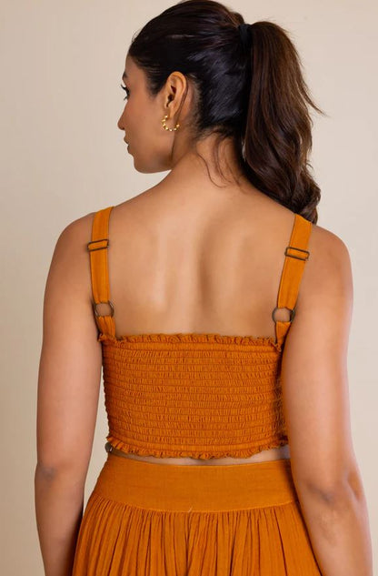 Boho Mustard Orange Cotton Co-ord Set - Embroidered Crop Top & Harem Balloon Pants with Shell Belt, Blue Tribal Print & Smocked Waist | Women's Festival, Resort & Vacation Two-Piece Outfit