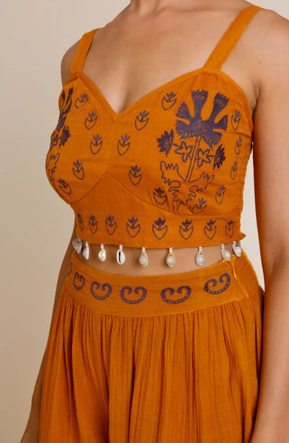 Boho Mustard Orange Cotton Co-ord Set - Embroidered Crop Top & Harem Balloon Pants with Shell Belt, Blue Tribal Print & Smocked Waist | Women's Festival, Resort & Vacation Two-Piece Outfit