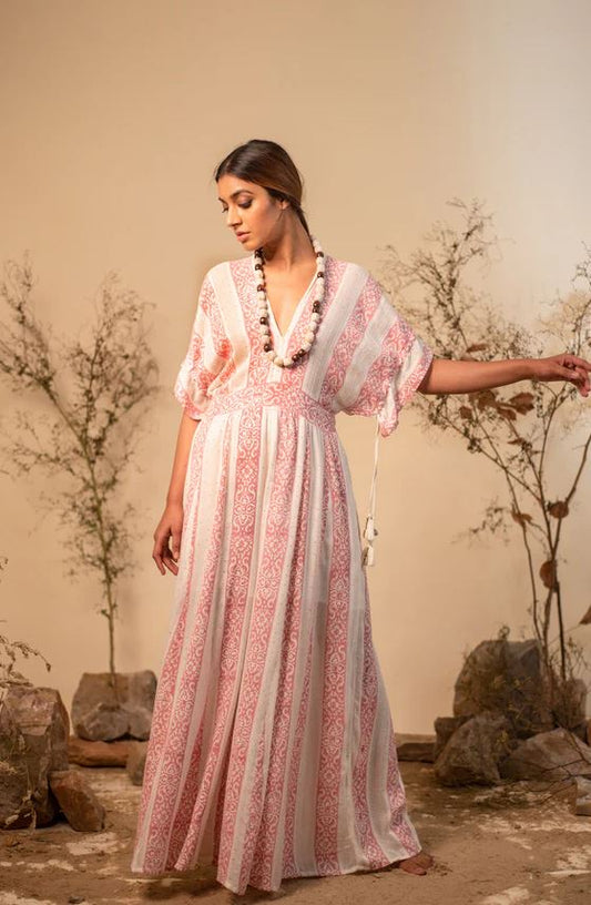 Boho Pink & White Striped Cotton Wide-Leg Jumpsuit - Deep V-Neck Kimono Sleeve Palazzo Jumpsuit with Open Back Tassel Ties & Smocked Waist | Women's Festival, Resort & Vacation Wear