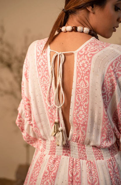 Boho Pink & White Striped Cotton Wide-Leg Jumpsuit - Deep V-Neck Kimono Sleeve Palazzo Jumpsuit with Open Back Tassel Ties & Smocked Waist | Women's Festival, Resort & Vacation Wear