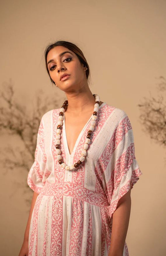 Boho Pink & White Striped Cotton Wide-Leg Jumpsuit - Deep V-Neck Kimono Sleeve Palazzo Jumpsuit with Open Back Tassel Ties & Smocked Waist | Women's Festival, Resort & Vacation Wear