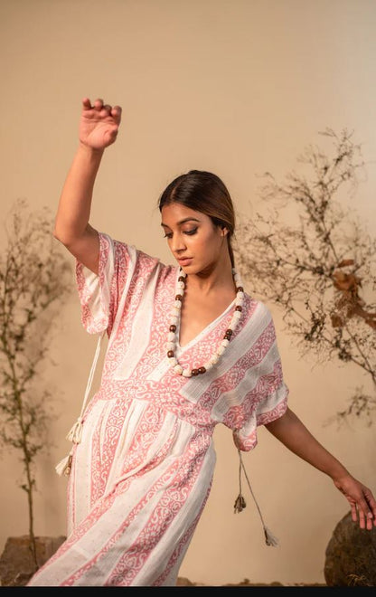 Boho Pink & White Striped Cotton Wide-Leg Jumpsuit - Deep V-Neck Kimono Sleeve Palazzo Jumpsuit with Open Back Tassel Ties & Smocked Waist | Women's Festival, Resort & Vacation Wear