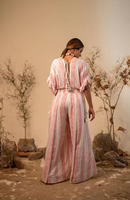 Boho Pink & White Striped Cotton Wide-Leg Jumpsuit - Deep V-Neck Kimono Sleeve Palazzo Jumpsuit with Open Back Tassel Ties & Smocked Waist | Women's Festival, Resort & Vacation Wear
