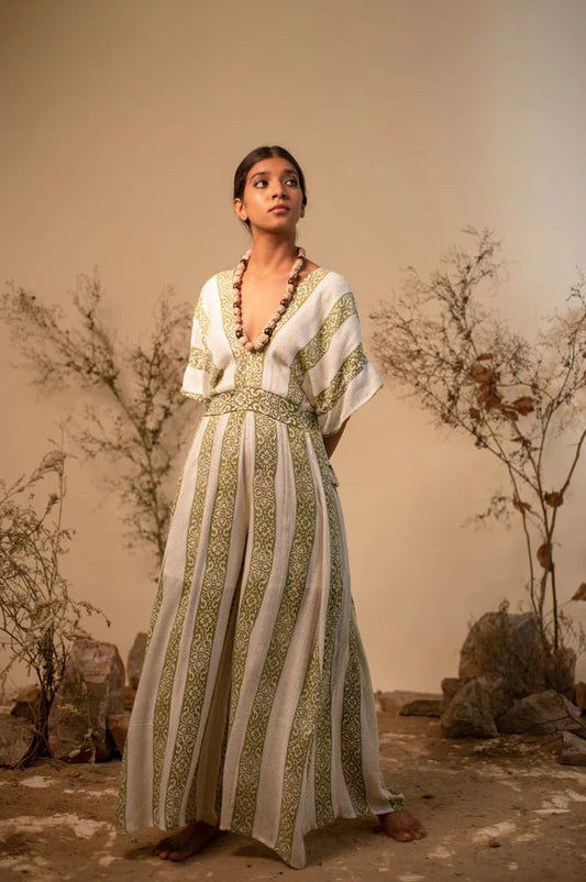 Boho Green & White Striped Cotton Wide-Leg Jumpsuit - Deep V-Neck Kimono Sleeve Palazzo Jumpsuit with Open Back Tassel Ties & Smocked Waist | Women's Festival, Resort & Vacation Wear