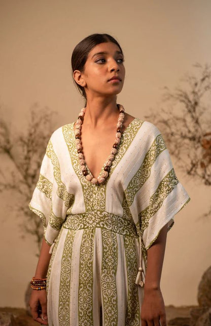 Boho Green & White Striped Cotton Wide-Leg Jumpsuit - Deep V-Neck Kimono Sleeve Palazzo Jumpsuit with Open Back Tassel Ties & Smocked Waist | Women's Festival, Resort & Vacation Wear