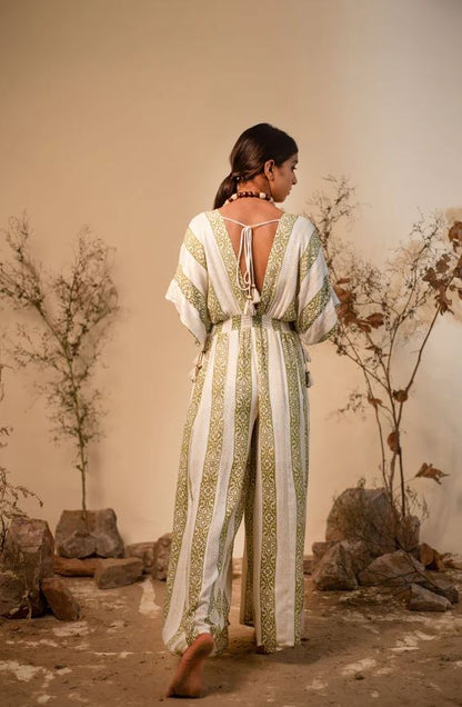 Boho Green & White Striped Cotton Wide-Leg Jumpsuit - Deep V-Neck Kimono Sleeve Palazzo Jumpsuit with Open Back Tassel Ties & Smocked Waist | Women's Festival, Resort & Vacation Wear