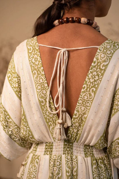Boho Green & White Striped Cotton Wide-Leg Jumpsuit - Deep V-Neck Kimono Sleeve Palazzo Jumpsuit with Open Back Tassel Ties & Smocked Waist | Women's Festival, Resort & Vacation Wear