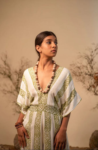 Boho Green & White Striped Cotton Wide-Leg Jumpsuit - Deep V-Neck Kimono Sleeve Palazzo Jumpsuit with Open Back Tassel Ties & Smocked Waist | Women's Festival, Resort & Vacation Wear