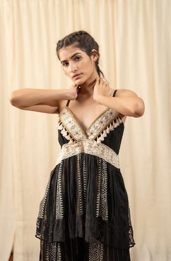 Boho Black Embroidered Cotton Co-ord Set - Lace Crochet Tassel Crop Top & Wide Leg Palazzo Pants with Gold Geometric Print | Women's Festival, Resort & Vacation Two-Piece Outfit