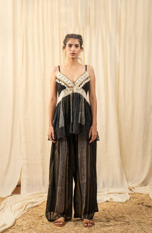 Boho Black Embroidered Cotton Co-ord Set - Lace Crochet Tassel Crop Top & Wide Leg Palazzo Pants with Gold Geometric Print | Women's Festival, Resort & Vacation Two-Piece Outfit