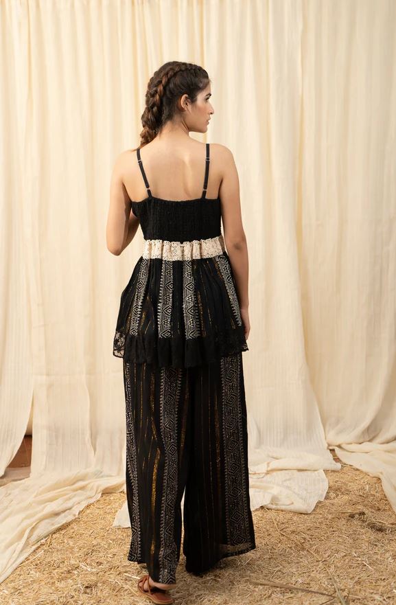 Boho Black Embroidered Cotton Co-ord Set - Lace Crochet Tassel Crop Top & Wide Leg Palazzo Pants with Gold Geometric Print | Women's Festival, Resort & Vacation Two-Piece Outfit