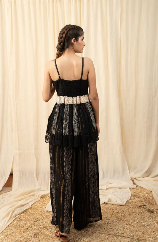 Boho Black Embroidered Cotton Co-ord Set - Lace Crochet Tassel Crop Top & Wide Leg Palazzo Pants with Gold Geometric Print | Women's Festival, Resort & Vacation Two-Piece Outfit
