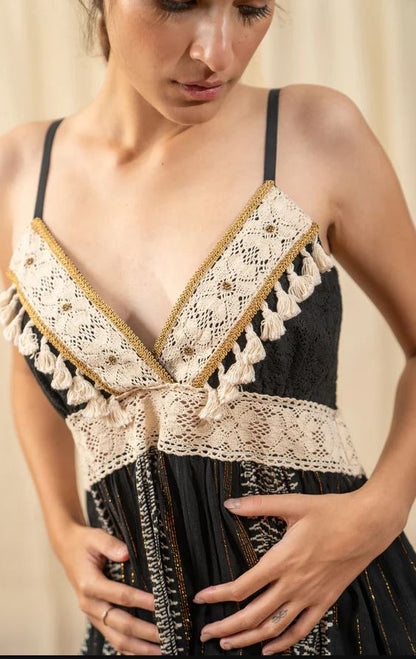 Boho Black Embroidered Cotton Co-ord Set - Lace Crochet Tassel Crop Top & Wide Leg Palazzo Pants with Gold Geometric Print | Women's Festival, Resort & Vacation Two-Piece Outfit