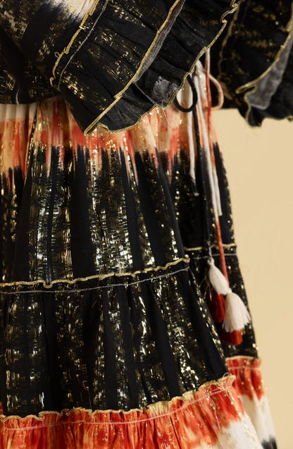 Boho Black Tie-Dye Cotton Mini Dress - Gold Sequin Stripe Smocked Waist Tiered Ruffle Sundress with Tassel Ties & Kimono Bell Sleeves | Women's Festival, Resort & Beach Party Wear