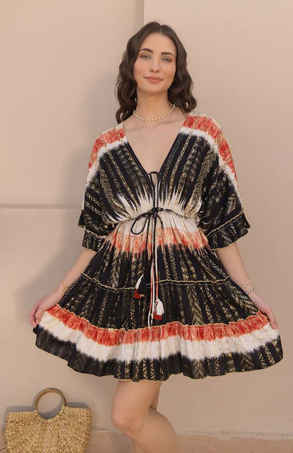 Boho Black Tie-Dye Cotton Mini Dress - Gold Sequin Stripe Smocked Waist Tiered Ruffle Sundress with Tassel Ties & Kimono Bell Sleeves | Women's Festival, Resort & Beach Party Wear