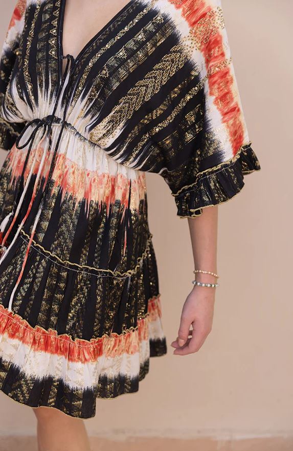 Boho Black Tie-Dye Cotton Mini Dress - Gold Sequin Stripe Smocked Waist Tiered Ruffle Sundress with Tassel Ties & Kimono Bell Sleeves | Women's Festival, Resort & Beach Party Wear