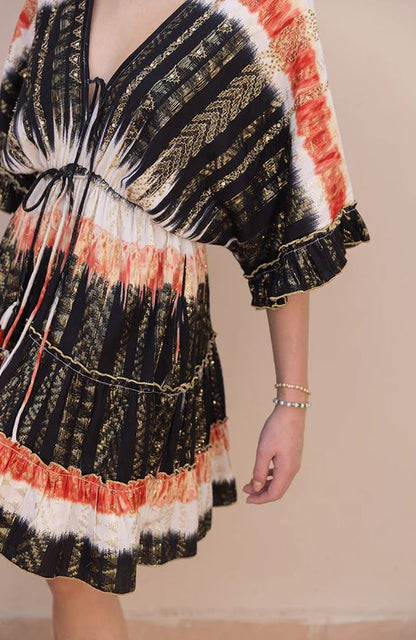 Boho Black Tie-Dye Cotton Mini Dress - Gold Sequin Stripe Smocked Waist Tiered Ruffle Sundress with Tassel Ties & Kimono Bell Sleeves | Women's Festival, Resort & Beach Party Wear