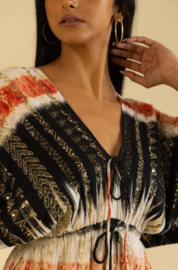 Boho Black Tie-Dye Cotton Mini Dress - Gold Sequin Stripe Smocked Waist Tiered Ruffle Sundress with Tassel Ties & Kimono Bell Sleeves | Women's Festival, Resort & Beach Party Wear
