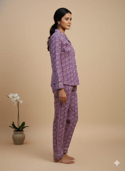 Luxury Hand-Block Print Cotton Pajama Set | 100% Organic Cotton Sleepwear for Women | Boho Loungewear with Matching Travel Pouch