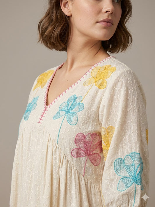 Cream Floral Embroidered A-Line Kurti