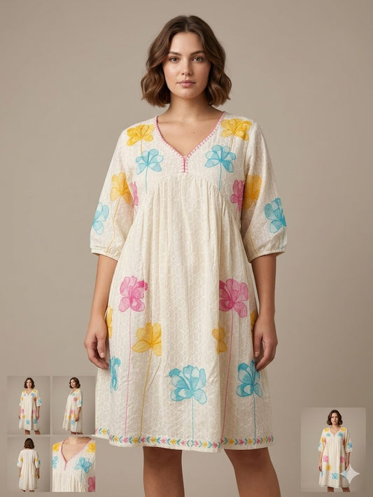 Cream Floral Embroidered A-Line Kurti