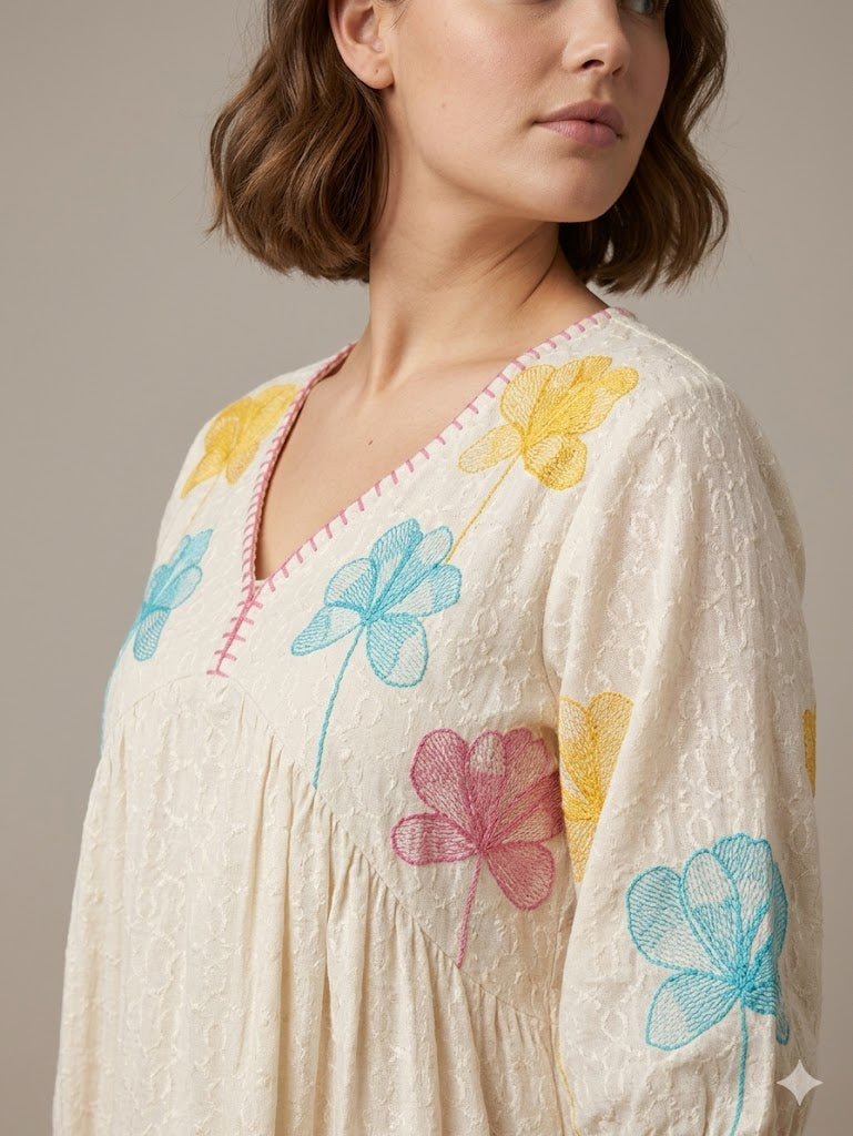Cream Cotton Multi-Color Floral Embroidered Mini Dress