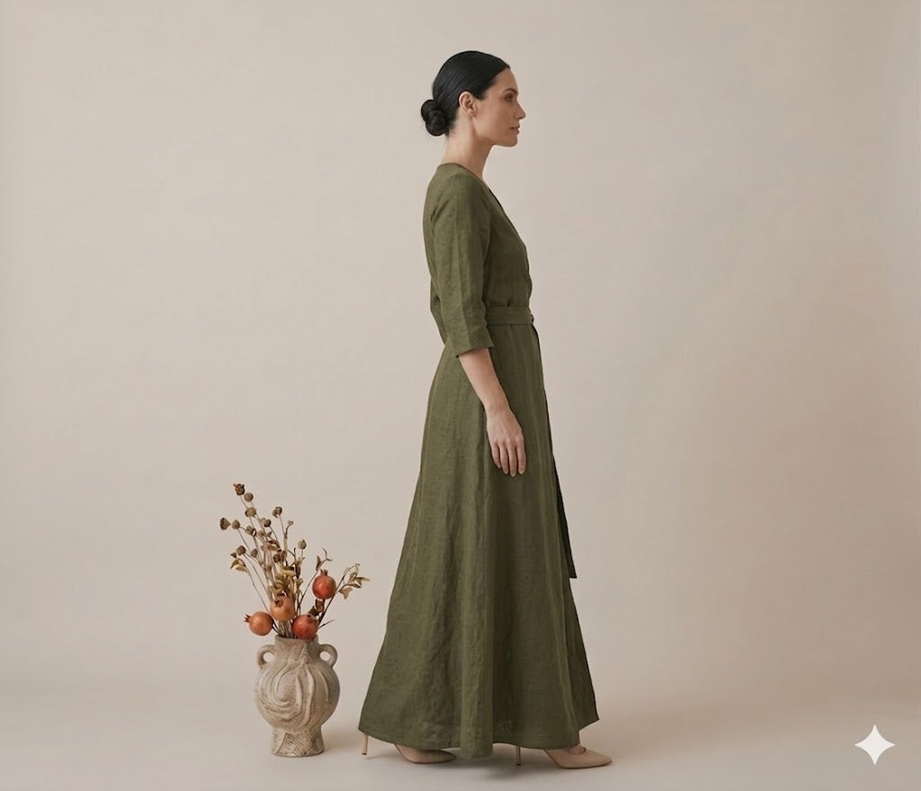 Olive Green Linen Wrap Maxi Dress