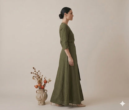 Olive Green Linen Wrap Maxi Dress
