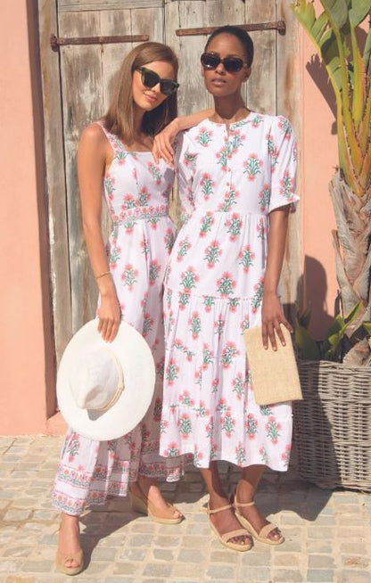 Women's White Pink Floral Block Print Cotton Midi Dress | Tiered Boho Maxi Dress with Puff Sleeves | Handcrafted Indian Block Print Summer Vacation Resort Wear