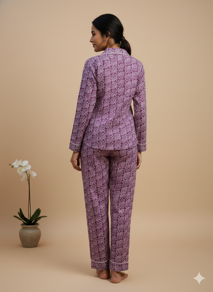 Luxury Hand-Block Print Cotton Pajama Set | 100% Organic Cotton Sleepwear for Women | Boho Loungewear with Matching Travel Pouch