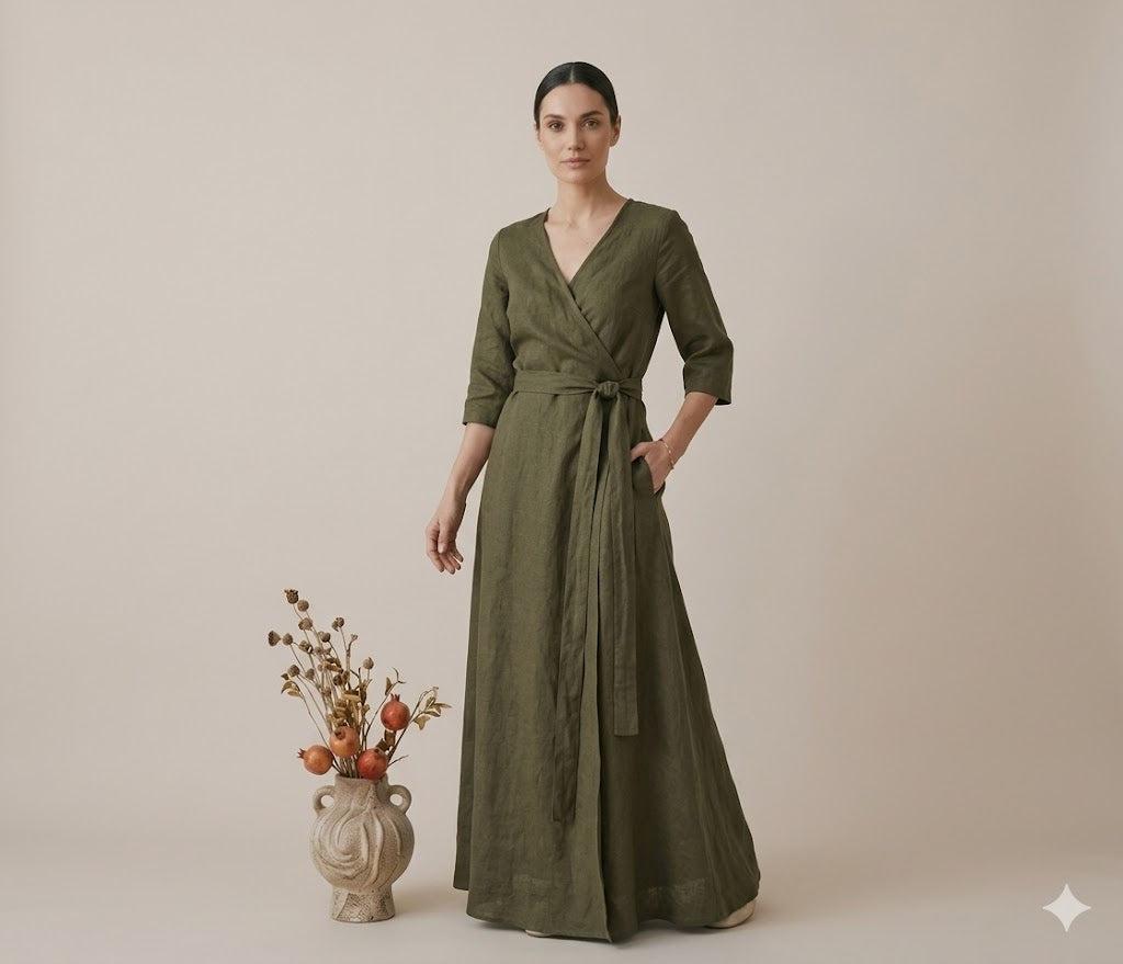 Olive Green Linen Wrap Maxi Dress