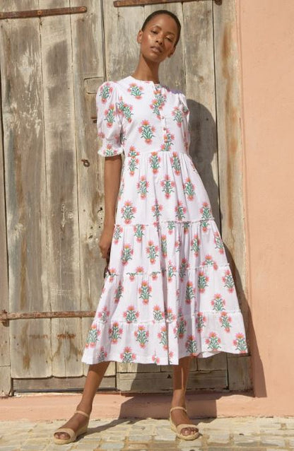 Women's White Pink Floral Block Print Cotton Midi Dress | Tiered Boho Maxi Dress with Puff Sleeves | Handcrafted Indian Block Print Summer Vacation Resort Wear