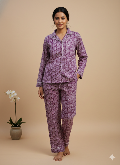 Luxury Hand-Block Print Cotton Pajama Set | 100% Organic Cotton Sleepwear for Women | Boho Loungewear with Matching Travel Pouch
