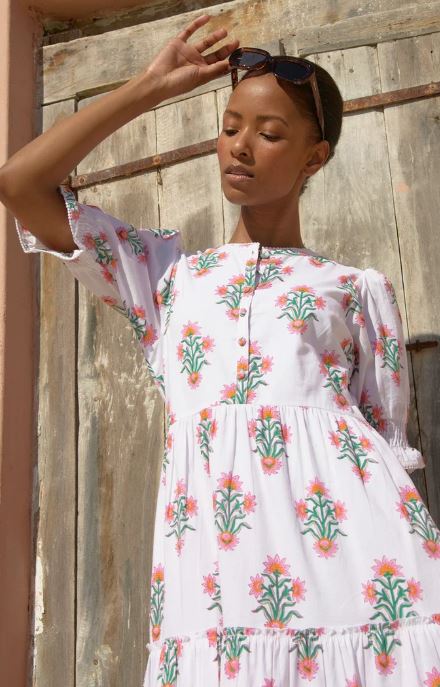 Women's White Pink Floral Block Print Cotton Midi Dress | Tiered Boho Maxi Dress with Puff Sleeves | Handcrafted Indian Block Print Summer Vacation Resort Wear