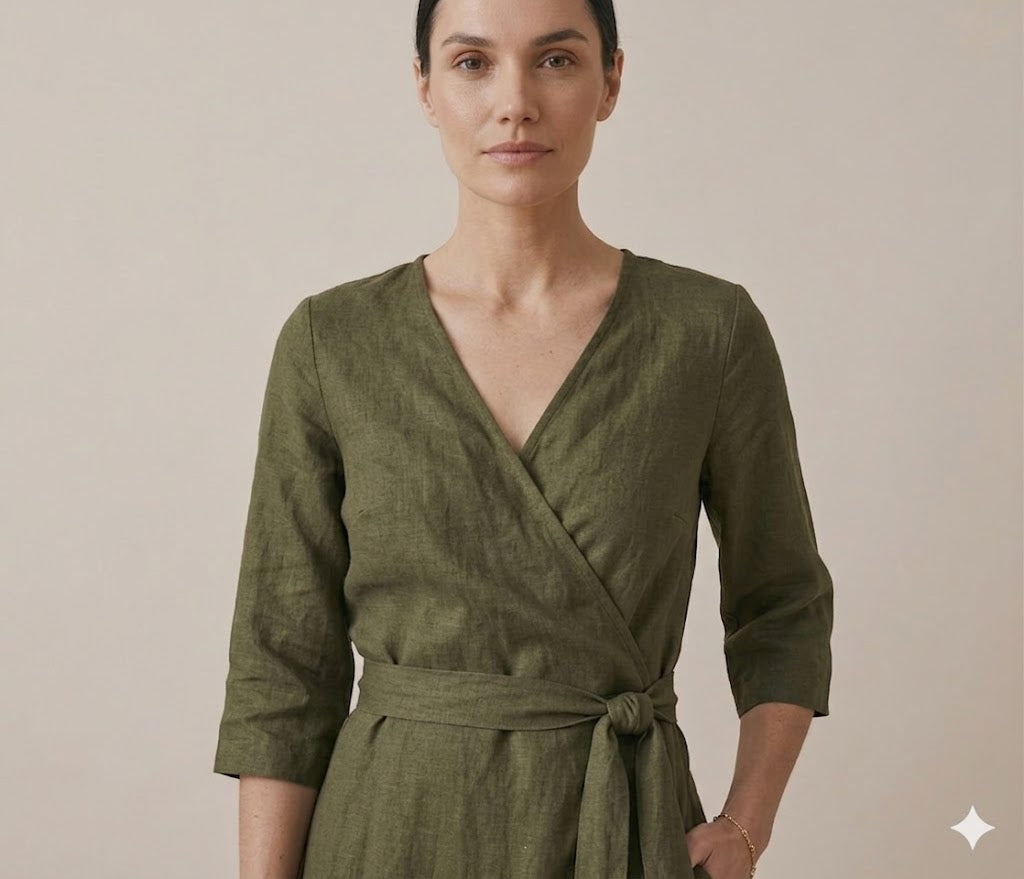Olive Green Linen Wrap Maxi Dress