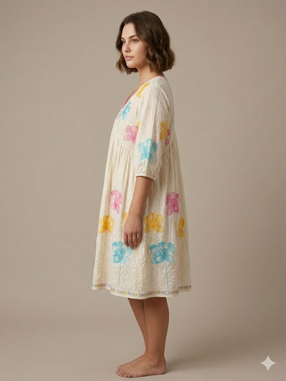 Cream Floral Embroidered A-Line Kurti