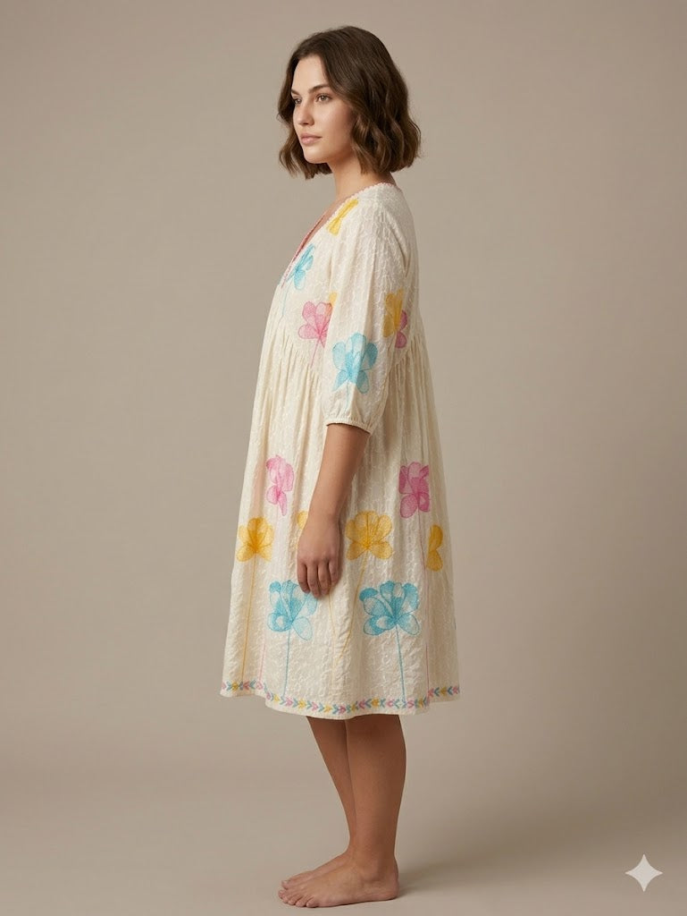 Cream Cotton Multi-Color Floral Embroidered Mini Dress