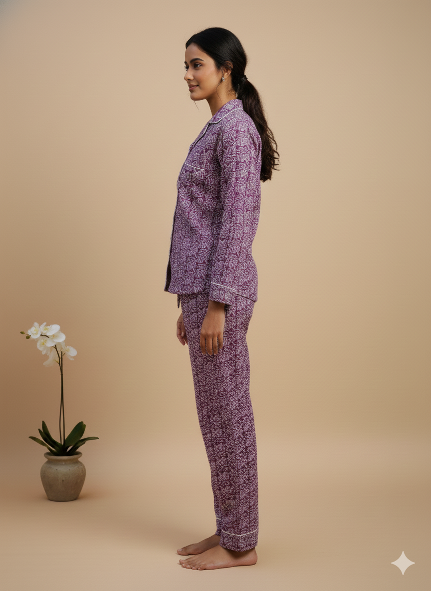 Luxury Hand-Block Print Cotton Pajama Set | 100% Organic Cotton Sleepwear for Women | Boho Loungewear with Matching Travel Pouch