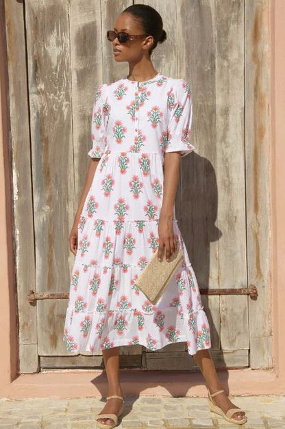 Women's White Pink Floral Block Print Cotton Midi Dress | Tiered Boho Maxi Dress with Puff Sleeves | Handcrafted Indian Block Print Summer Vacation Resort Wear