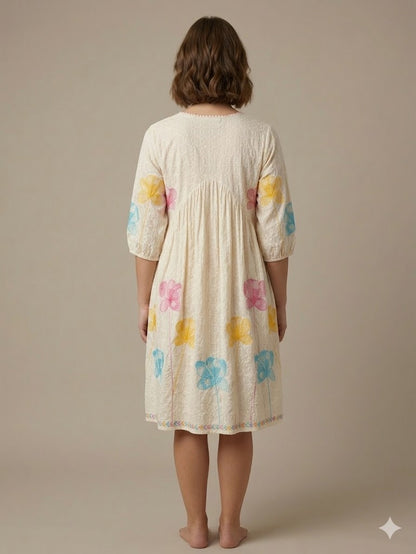 Cream Floral Embroidered A-Line Kurti