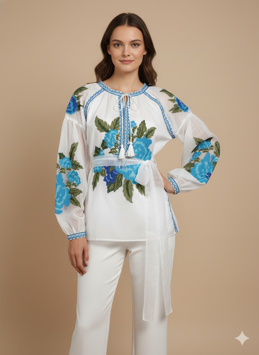 Women’s Sustainable Cotton Floral Top | Artisan Hand-Stamped Summer Blouse | Chic Valentine’s Day Boutique Top