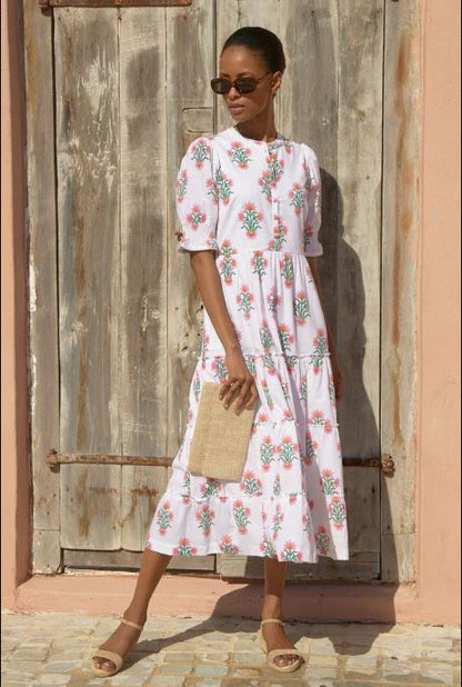 Women's White Pink Floral Block Print Cotton Midi Dress | Tiered Boho Maxi Dress with Puff Sleeves | Handcrafted Indian Block Print Summer Vacation Resort Wear