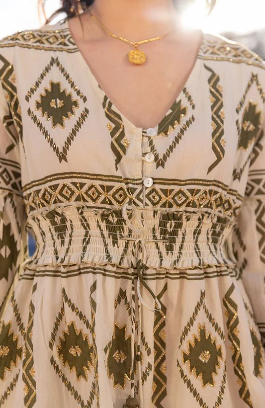 Boho Chic Olive Green Geometric Cotton Mini Dress - Gold Sequin Aztec Print Smocked Waist Bell Sleeve Sundress with Tassel Ties | Women's Festival, Resort & Beach Vacation Wear