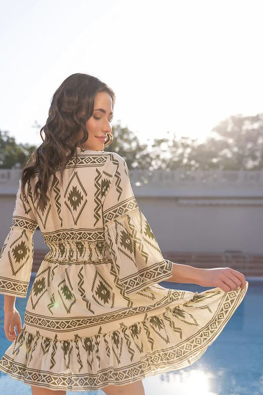 Boho Chic Olive Green Geometric Cotton Mini Dress - Gold Sequin Aztec Print Smocked Waist Bell Sleeve Sundress with Tassel Ties | Women's Festival, Resort & Beach Vacation Wear