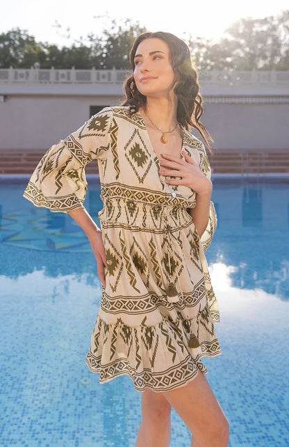 Boho Chic Olive Green Geometric Cotton Mini Dress - Gold Sequin Aztec Print Smocked Waist Bell Sleeve Sundress with Tassel Ties | Women's Festival, Resort & Beach Vacation Wear