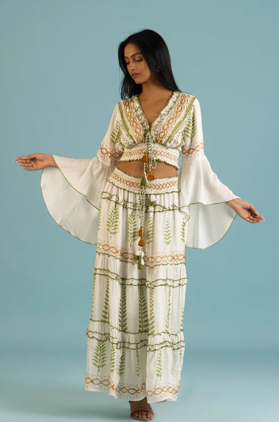 Boho Green Leaf Cotton Two-Piece Set - Orange & Green Embroidered Crop Top & Tiered Maxi Skirt with Mirror Sequins, Tassel Ties & Bell Sleeves | Women's Festival, Beach & Resort Co-ord Outfit