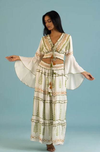 Boho Green Leaf Cotton Two-Piece Set - Orange & Green Embroidered Crop Top & Tiered Maxi Skirt with Mirror Sequins, Tassel Ties & Bell Sleeves | Women's Festival, Beach & Resort Co-ord Outfit