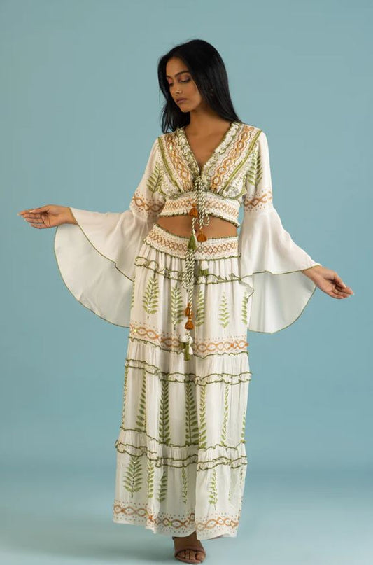 Boho Green Leaf Cotton Two-Piece Set - Orange & Green Embroidered Crop Top & Tiered Maxi Skirt with Mirror Sequins, Tassel Ties & Bell Sleeves | Women's Festival, Beach & Resort Co-ord Outfit